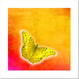 Glowing yellow butterfly on vibrant textured background Posters and Art